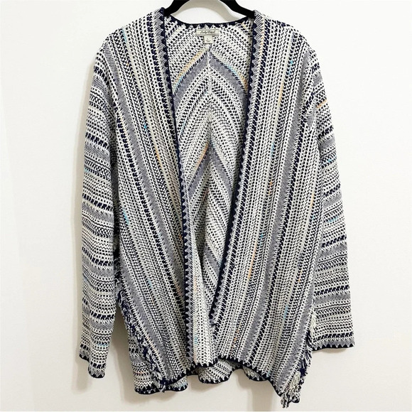 Woven Blanket Open Front Pottery Cardigan boho large cream blue cotton relaxed - Picture 3 of 10